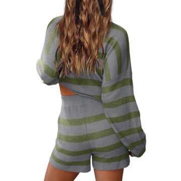 LAMISSCHE Womens Oversized Lounge Sets 2 Piece Outfits Striped Matching Pajama Set Long Sleeve Sweater Set(G Blue&Green,S)