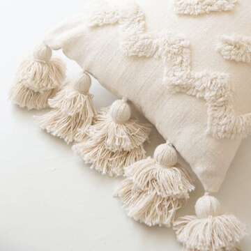 Banilla Bohemian Lumbar 12x20 Pillow Cover |100% Cotton Boho Throw Pillow Cover Perfect for Bed or Couch | Decorative Pillow Hand Tufted with Chunky Tassels | Natural White Lumbar Pillow Decorative