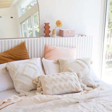 Banilla Bohemian Lumbar 12x20 Pillow Cover |100% Cotton Boho Throw Pillow Cover Perfect for Bed or Couch | Decorative Pillow Hand Tufted with Chunky Tassels | Natural White Lumbar Pillow Decorative