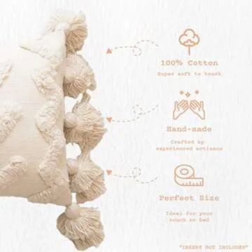 Banilla Bohemian Lumbar 12x20 Pillow Cover |100% Cotton Boho Throw Pillow Cover Perfect for Bed or Couch | Decorative Pillow Hand Tufted with Chunky Tassels | Natural White Lumbar Pillow Decorative