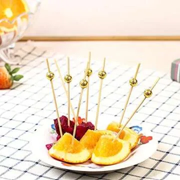 BAIYA Bamboo Cocktail Picks 100 Counts,Funny Gold Bead Bamboo Skewers,Fancy Cocktail Toothpicks for Appetizers,Picks Cocktail Toothpicks Great for Cocktail Party or Barbeque Snacks(4.72 Inch)