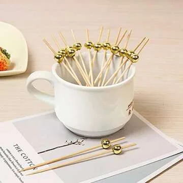 BAIYA Bamboo Cocktail Picks 100 Counts,Funny Gold Bead Bamboo Skewers,Fancy Cocktail Toothpicks for Appetizers,Picks Cocktail Toothpicks Great for Cocktail Party or Barbeque Snacks(4.72 Inch)