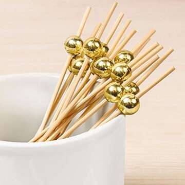 BAIYA Bamboo Cocktail Picks 100 Counts,Funny Gold Bead Bamboo Skewers,Fancy Cocktail Toothpicks for Appetizers,Picks Cocktail Toothpicks Great for Cocktail Party or Barbeque Snacks(4.72 Inch)
