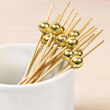 BAIYA Bamboo Cocktail Picks 100 Counts,Funny Gold Bead Bamboo Skewers,Fancy Cocktail Toothpicks for Appetizers,Picks Cocktail Toothpicks Great for Cocktail Party or Barbeque Snacks(4.72 Inch)