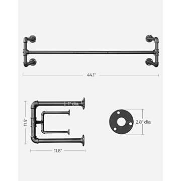 SONGMICS Wall-Mounted Clothes Rack, Set of 2, Industrial Pipe Clothes Hanging Bar, Space-Saving, 11.8 x 44.1 x 11.5 Inches, Holds up to 132 lb, Easy Assembly, for Small Space, Black UHSR64BK-02