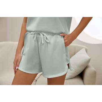 Meladyan Woman Two Piece Half Zip Sweatshirts Shorts Set Lapel Collar Cap Sleeve Sweatshirt High Drawstring Waist Shorts, Grey Green