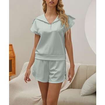 Meladyan Woman Two Piece Half Zip Sweatshirts Shorts Set Lapel Collar Cap Sleeve Sweatshirt High Drawstring Waist Shorts, Grey Green