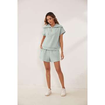 Meladyan Woman Two Piece Half Zip Sweatshirts Shorts Set Lapel Collar Cap Sleeve Sweatshirt High Drawstring Waist Shorts, Grey Green