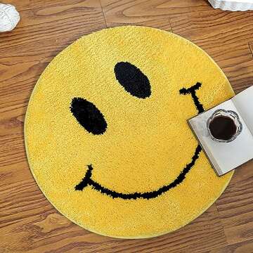 Smile Face Bath Mat for Bathtub Bathroom Sink Bedroom Decorations Cute Happy Face Retro Aesthetic Carpet Room Decor Bath Rugs, Absorbent, Microfiber, Anti-Slip