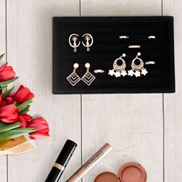 Velvet 7 Slots Ring Earrings Trays Showcase Display Jewelry Organizer VA003 (Black)