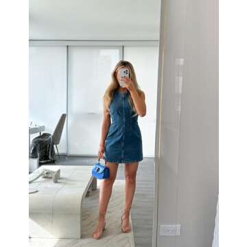 Daacee Women’s Sleeveless Bodycon Denim Mini Dress Casual Waist Tucks Tank Jean Dresses(0756-LightBlue-Medium)