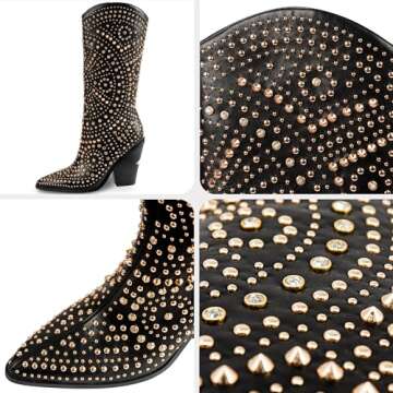 iiimmu Black Boots for Women Mid Calf Pointed Toe and Chunky Heel Boots Luxurious Studded Calf High Boots with Side Zipper, Studs, Rhinestones, Size US 7.5