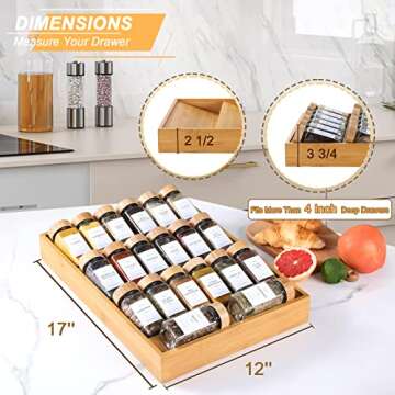 NETANY Bamboo Spice Drawer Organizer with Jars and Labels, 20-Piece Set, 17" x 12" x 3 3/4"