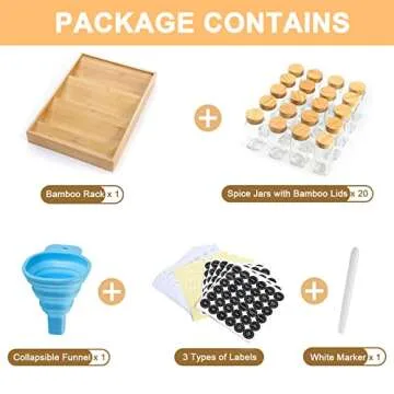 NETANY Bamboo Spice Drawer Organizer with Jars and Labels, 20-Piece Set, 17" x 12" x 3 3/4"