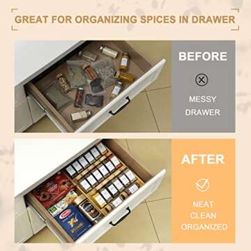 NETANY Bamboo Spice Drawer Organizer with Jars and Labels, 20-Piece Set, 17" x 12" x 3 3/4"