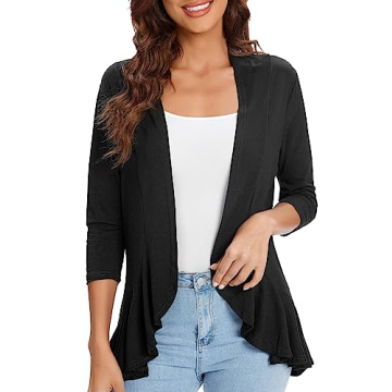 Urban CoCo Women's Casual Lightweight Open Front Cardigan Soft Draped Ruffles 3/4 Sleeve (Black, 2XL...