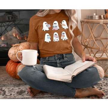 Cute Ghost Reading Books Shirt for Women - Halloween Tee