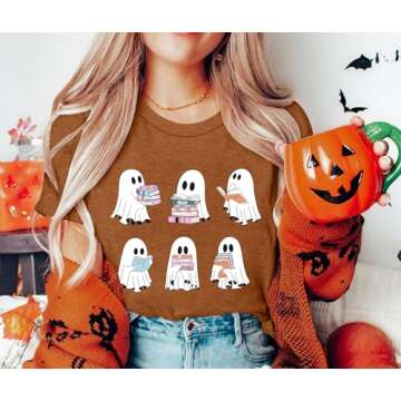 Cute Ghost Reading Books Shirt for Women - Halloween Tee