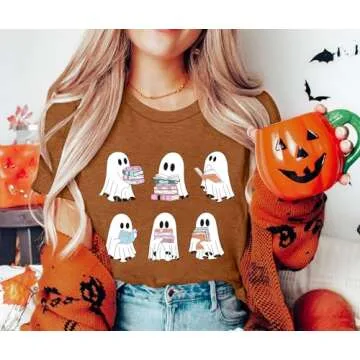 Cute Ghost Reading Books Shirt for Women - Halloween Tee