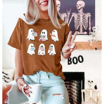 Cute Ghost Reading Books Shirt for Women - Halloween Tee