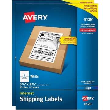 Avery 8126 Inkjet Shipping Labels - Bright White with TrueBlock Technology, 50/Pack