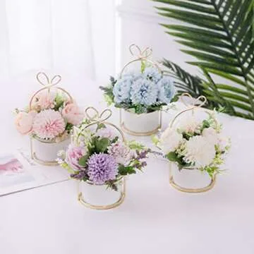 Veryhome Artificial Flowers Chrysanthemum&Hydrangea with Ceramic Vase Fake Flowers Hanging Potted Plants for Wedding Home Office Decoration(Pink)