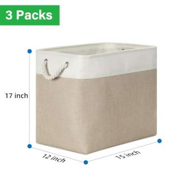 Bidtakay Extra Large Storage Baskets for Organizing 17x12x15.1 inch 3-Pack Fabric Closet Organizers Storage Bins with Handles Foldable Storage Baskets for Shelves Clothes XL-White&Beige