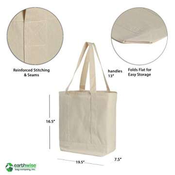 Earthwise Reusable Grocery Bags X-Large 100% Cotton Canvas Shopping Craft Beach Cloth Tote with Handles Biodegradable, Foldable and Eco Friendly Washable 20" X 16" (3 Pack)