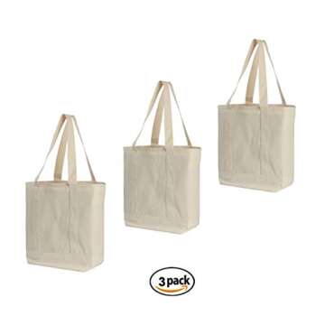 Earthwise Reusable Grocery Bags X-Large 100% Cotton Canvas Shopping Craft Beach Cloth Tote with Handles Biodegradable, Foldable and Eco Friendly Washable 20" X 16" (3 Pack)