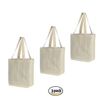 Earthwise Reusable Grocery Bags X-Large 100% Cotton Canvas Shopping Craft Beach Cloth Tote with Handles Biodegradable, Foldable and Eco Friendly Washable 20" X 16" (3 Pack)