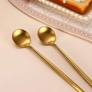 DEHOV 4 PCs 6.7 Inches Brushed Gold Stainless Steel 304 Gold Long Handle Coffee Spoons,Espresso Stirring Spoon,Gold Iced Tea Spoon,Gold Long Teaspoon,Gold Dessert Spoon,Tea Spoon