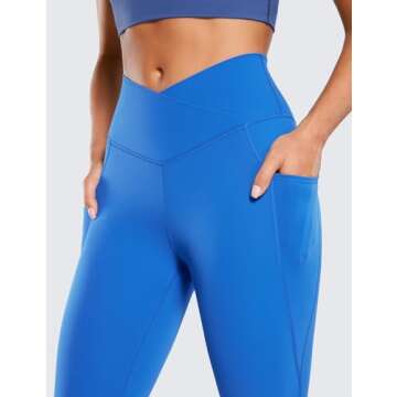 CRZ YOGA Butterluxe Womens Crossover Waist Workout Leggings with Pockets 25" - V Cross High Waist Gym Lounge Yoga Pants Sparkle Blue Medium