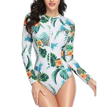 Daci Women White Rash Guard Long Sleeve One Piece Swimsuit Zipper Surfing Bathing Suit UPF 50 L