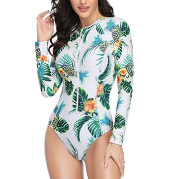 Daci Women White Rash Guard Long Sleeve One Piece Swimsuit Zipper Surfing Bathing Suit UPF 50 L