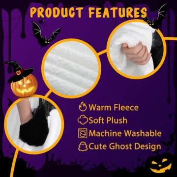 Vansolinne Halloween Wearable Blanket Hoodie for Women Ghost Costume Wearable Hooded Fleece Throw Cape Cute Warm Fuzzy Wrap with Bat Pockets Spooky Birthday Gifts Trick-or-Treating