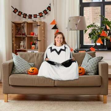 Vansolinne Halloween Wearable Blanket Hoodie for Women Ghost Costume Wearable Hooded Fleece Throw Cape Cute Warm Fuzzy Wrap with Bat Pockets Spooky Birthday Gifts Trick-or-Treating