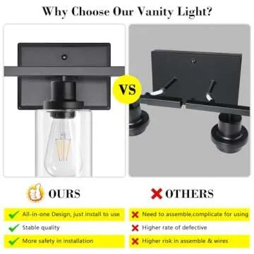 Ascher Bathroom Vanity Light Fixtures, 3 Light Wall Sconces Lighting with Clear Glass Shade, Black Wall Lights for Mirror, Kitchen, Living Room, Gallery, Hallway, E26 Base (Bulbs Not Included)