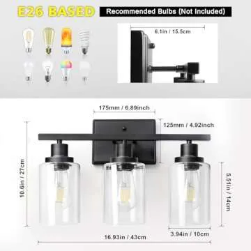 Ascher Bathroom Vanity Light Fixtures, 3 Light Wall Sconces Lighting with Clear Glass Shade, Black Wall Lights for Mirror, Kitchen, Living Room, Gallery, Hallway, E26 Base (Bulbs Not Included)