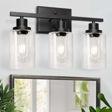 Ascher Bathroom Vanity Light Fixtures, 3 Light Wall Sconces Lighting with Clear Glass Shade, Black Wall Lights for Mirror, Kitchen, Living Room, Gallery, Hallway, E26 Base (Bulbs Not Included)