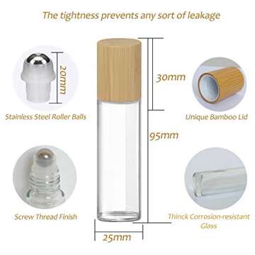 Glass Roll On Bottle with Bamboo Lid for Essential Oils, Creatiee Eco-friendly Refillable Clear Perf...