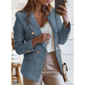 Happy Sailed Blazers for Women Business Casual Classic Double Breasted Open Front Tweed Blazer Jackets Slim Fit Lapel Collar Business Professional Attire Work Suits 2025 Dark Blue XX-Large