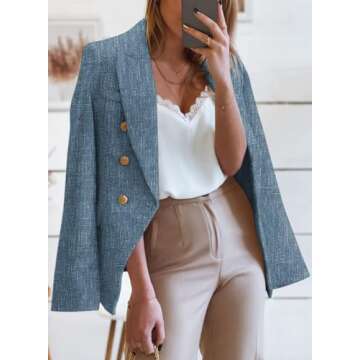 Happy Sailed Blazers for Women Business Casual Classic Double Breasted Open Front Tweed Blazer Jackets Slim Fit Lapel Collar Business Professional Attire Work Suits 2025 Dark Blue XX-Large