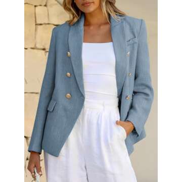 Happy Sailed Blazers for Women Business Casual Classic Double Breasted Open Front Tweed Blazer Jackets Slim Fit Lapel Collar Business Professional Attire Work Suits 2025 Dark Blue XX-Large