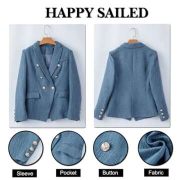 Happy Sailed Blazers for Women Business Casual Classic Double Breasted Open Front Tweed Blazer Jackets Slim Fit Lapel Collar Business Professional Attire Work Suits 2025 Dark Blue XX-Large