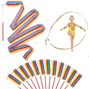 HiUnicorn 12PCS Rainbow Party Favors Dance Ribbons for Kids Circus Carnival Rhythmic Gymnastics Birt...