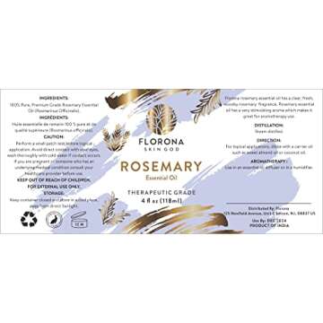 Florona Rosemary Essential Oil - 100% Pure & Natural - 4 fl oz, Rosemary Oil for Hair, Skin Care Essential Oil, Aromatherapy Oil for Diffuser, Oil for Soap Making, Candle Making Oil
