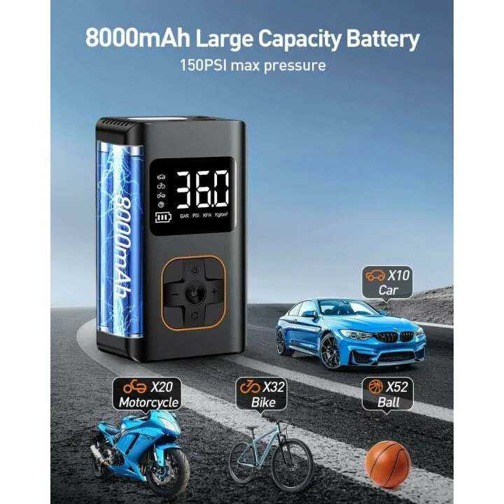 8000mAh Portable Tire Inflator with LED Light