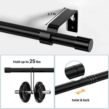 Curtain Rods Set of 2, Black Curtain Rod for Windows 48 to 84 inch, 5/8 inch Diameter Metal Standard Drapery Rod Set with Bracket, Heavy Duty Adjustable Window Curtain Rod for Bedroom, Living Room
