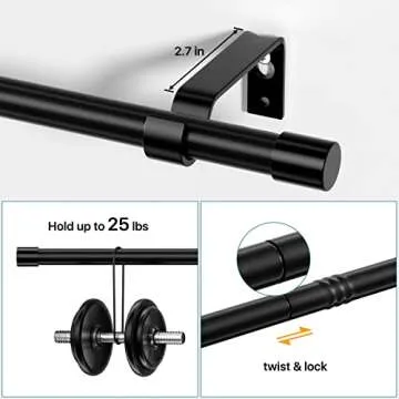 Curtain Rods Set of 2, Black Curtain Rod for Windows 48 to 84 inch, 5/8 inch Diameter Metal Standard Drapery Rod Set with Bracket, Heavy Duty Adjustable Window Curtain Rod for Bedroom, Living Room