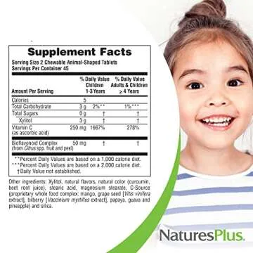 Natures Plus Animal Parade Sugar-Free Children's Vitamin C, Natural Orange Juice Flavor - 90 Chewable Animal Shaped Tablets - Immune Support - Gluten Free - 45 Servings
